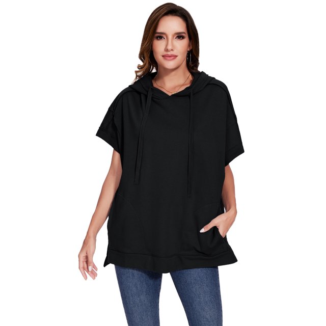 Womens Oversized Short Sleeve Hoodie Side Slits Pullover Sweater Top