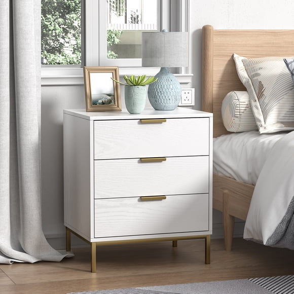 Eumyviv Table de Nuit Blanche, Table d'Appoint en Bois avec 3 Tiroirs Style Ferme pour Chambre et Salon, Blanc H0148