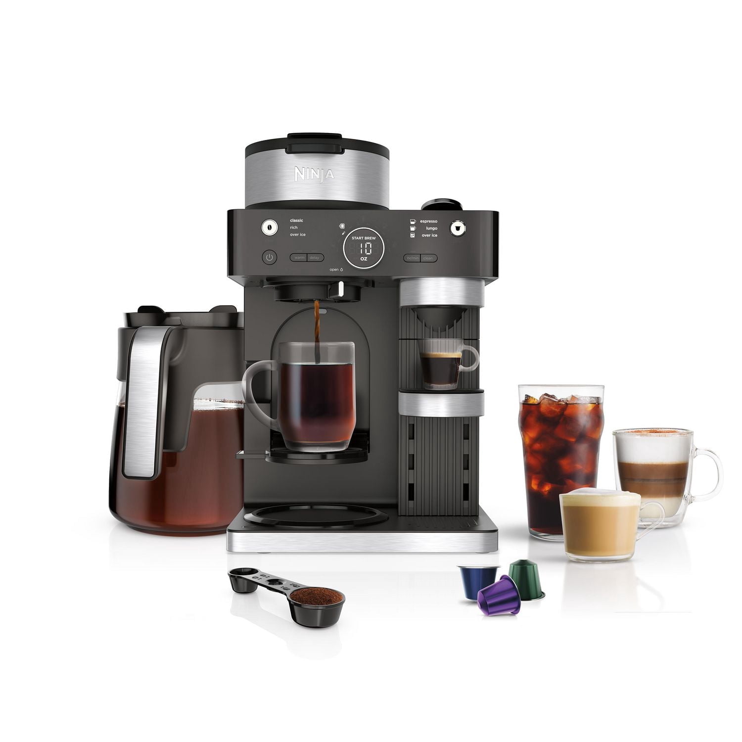 Système de barista Ninja CFN601C Espresso et café, compatible avec capsules de café et Nespresso, carafe de 12 tasses, mousseur intégré, espresso, cappuccino et latte, noir et acier inoxydable