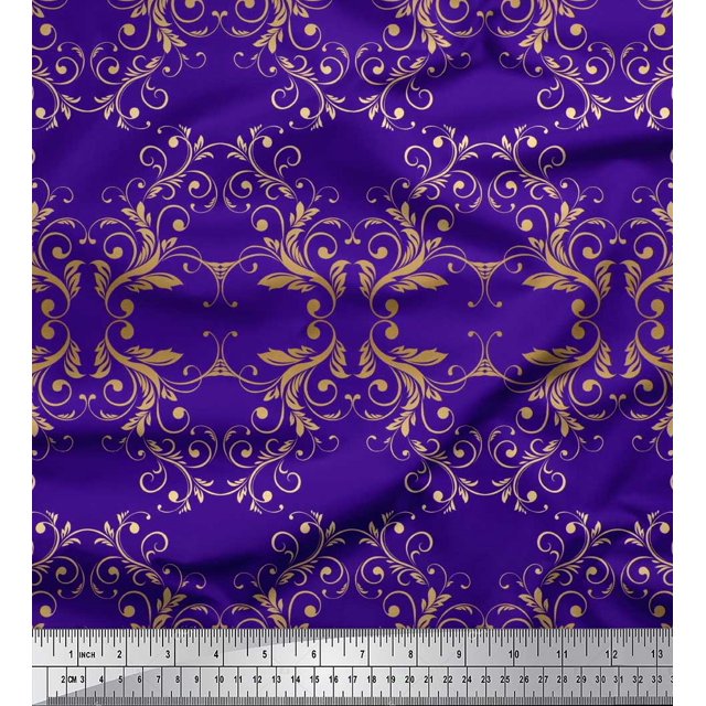 Soimoi polyester Crepe Fabric Filigree Damask Printed Fabric 1 Yard 42 Inch Wide