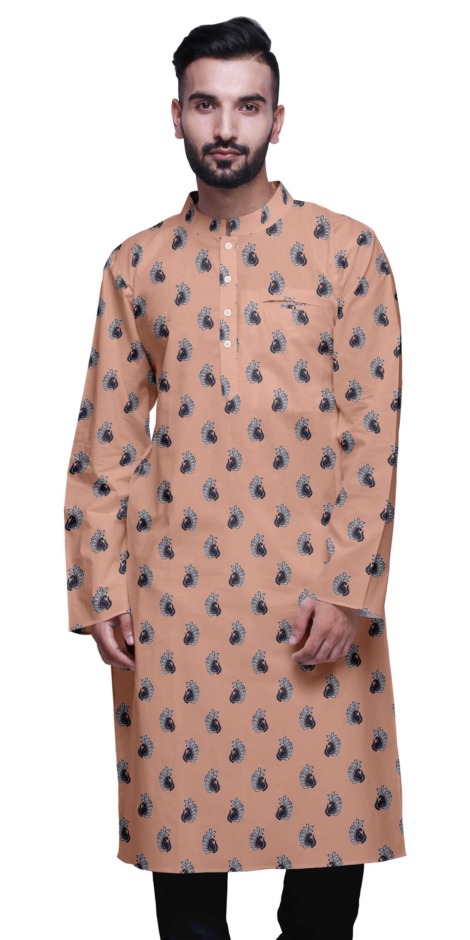Atasi Kurta Imprimé pour Hommes Col Mandarin Popeline de Coton Kurta Chemise Décontractée
