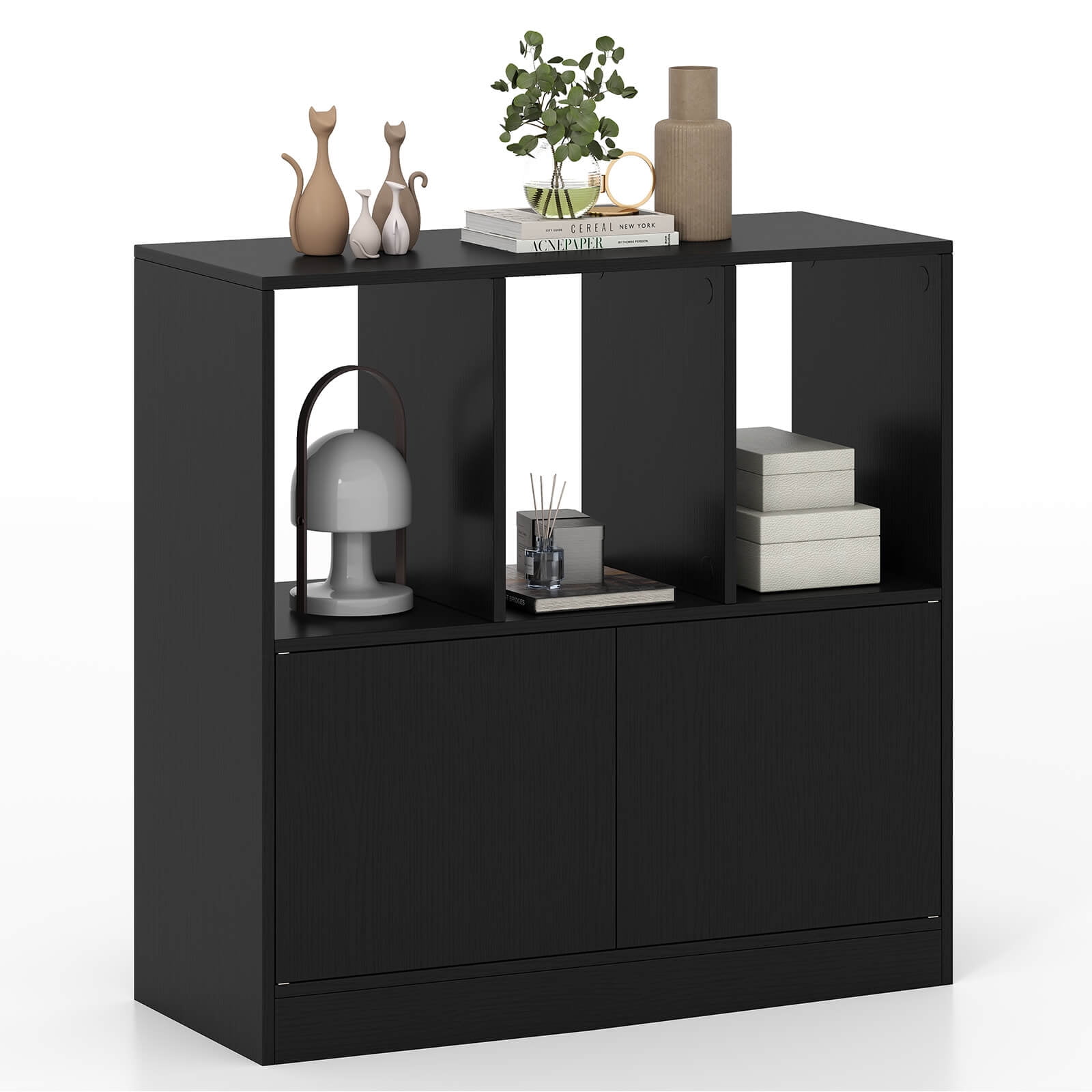 Costway 1 PCS Bookshelf with Cabinet 3-Cube Bookcase 3-Tier Book Shelf for Living Room Office Black