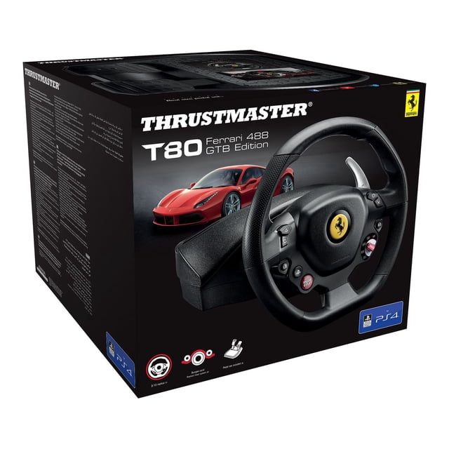 Thrustmaster T80 Ferrari 488 GTB Edition Racing Wheel box showing a black 8:10 scale replica wheel with Ferrari logo, paddle shifters, and PS4 buttons, alongside a red Ferrari 488 GTB image, designed for PlayStation 4 and PC racing games with detailed product features on a black background.