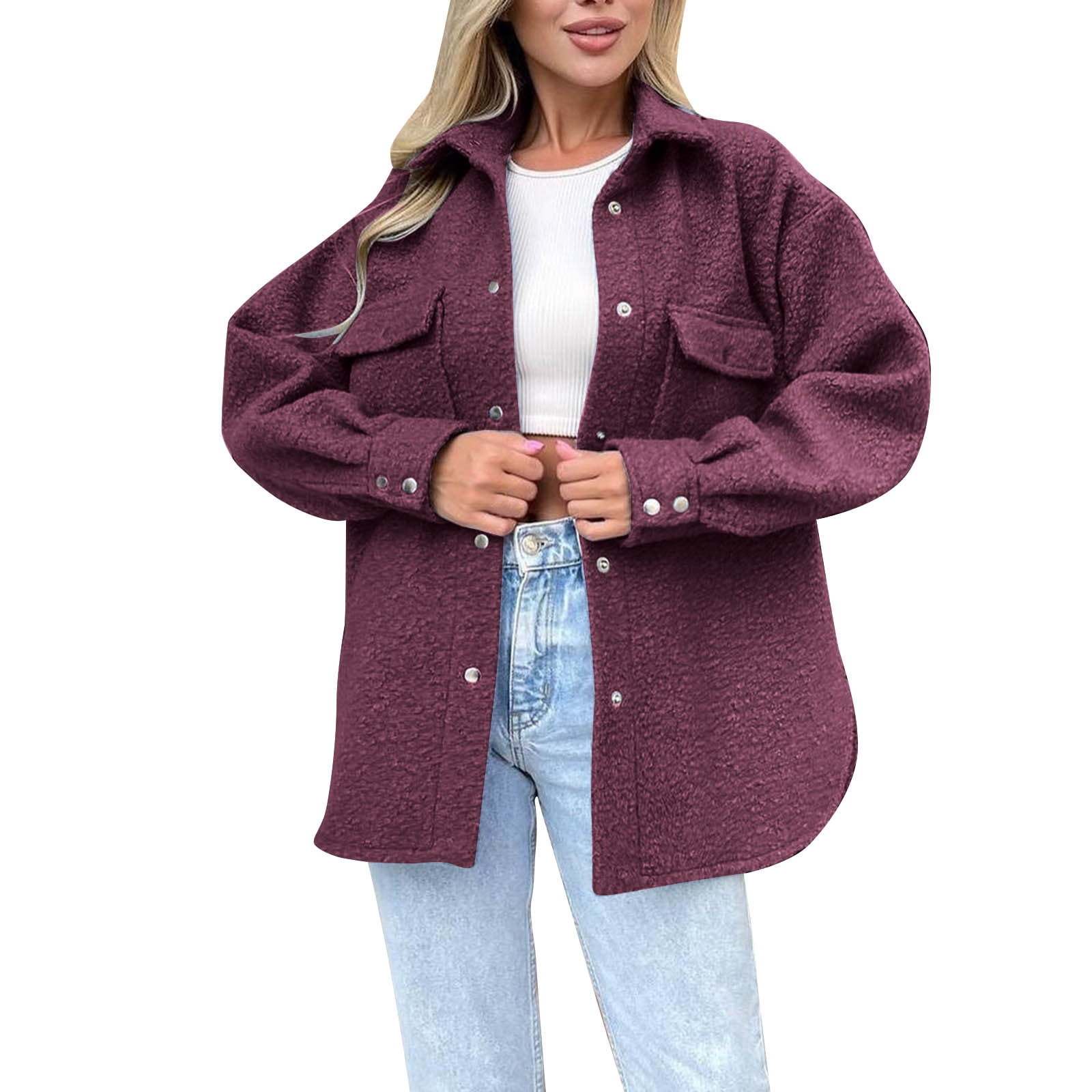 WEIYLL Womens Fleece Jackets Shirt Oversized Button Down Long Shacket Pockets Wine Fall Clothes Size M