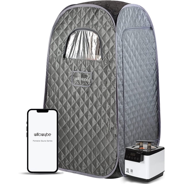 WillowyBe Portable Steam Sauna with Bluetooth Control, featuring a grey quilted body tent with a transparent window, a foldable chair, and a compact steamer unit. The sauna is compatible with an app and remote control for synchronized time and temperature settings, visible on the app. Includes a smartphone displaying the WillowyBe Portable Sauna Series interface.