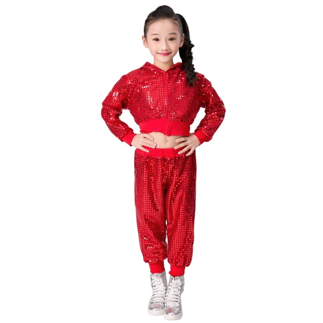 Sunnyoo Girls Shiny Sequins Outfits Long Sleeve Tops Pants Performance Party Dance S 2 Piece Clothes Set