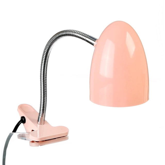 MAINSTAYS Pink LED Clip Lamp with a pink plastic shade and clip base, flexible chrome gooseneck, and 3.5-watt LED providing 240 lumens of bright, energy-efficient light with a cord switch, suitable for desk or nightstand use and often used for focused tasks like reading or crafts.