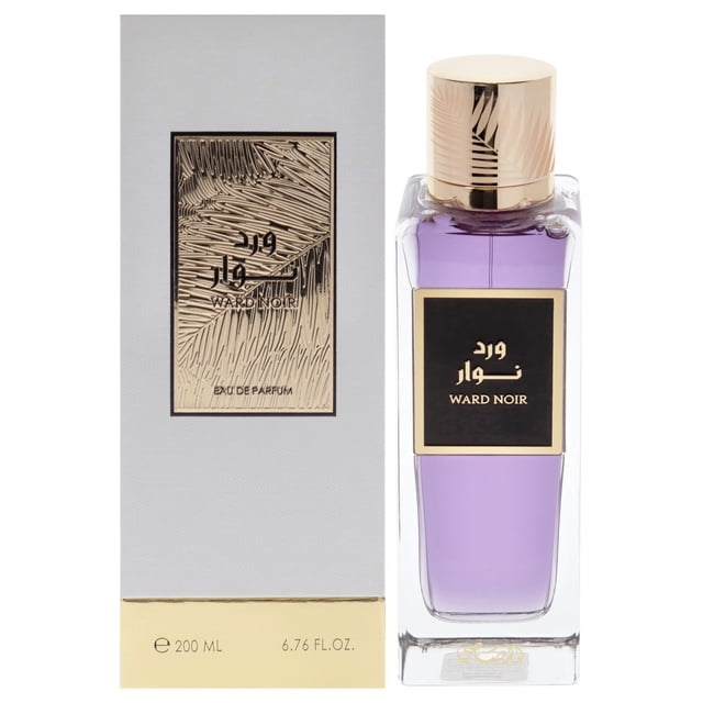 Ward Noir by Rasasi for Unisex - 6.76 oz EDP Spray. A premium perfume bottle with a rectangular design, showcasing a purple liquid encased in clear glass and topped with a gold-toned cap. The label features 'Ward Noir' in black and gold accents. The textured box includes a metallic gold panel with intricate patterns and branding details. This floral, fruity fragrance blends blackcurrant, pink pepper, Turkish rose absolute, amber, and patchouli, ideal for pulse points.
