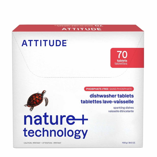 ATTITUDE Dishwasher Pods, Unscented, 70 Count box with white packaging, red and blue text, featuring a sea turtle graphic and labeled phosphate-free dishwasher tablets for sparkling dishes, 1120 g (39.5 oz).