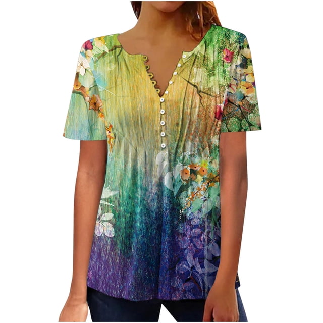 Pompotops T-shirt Mode Décontracté Imprimé Col Rond Manches Courtes Ample Blouse Chandail Liquidation