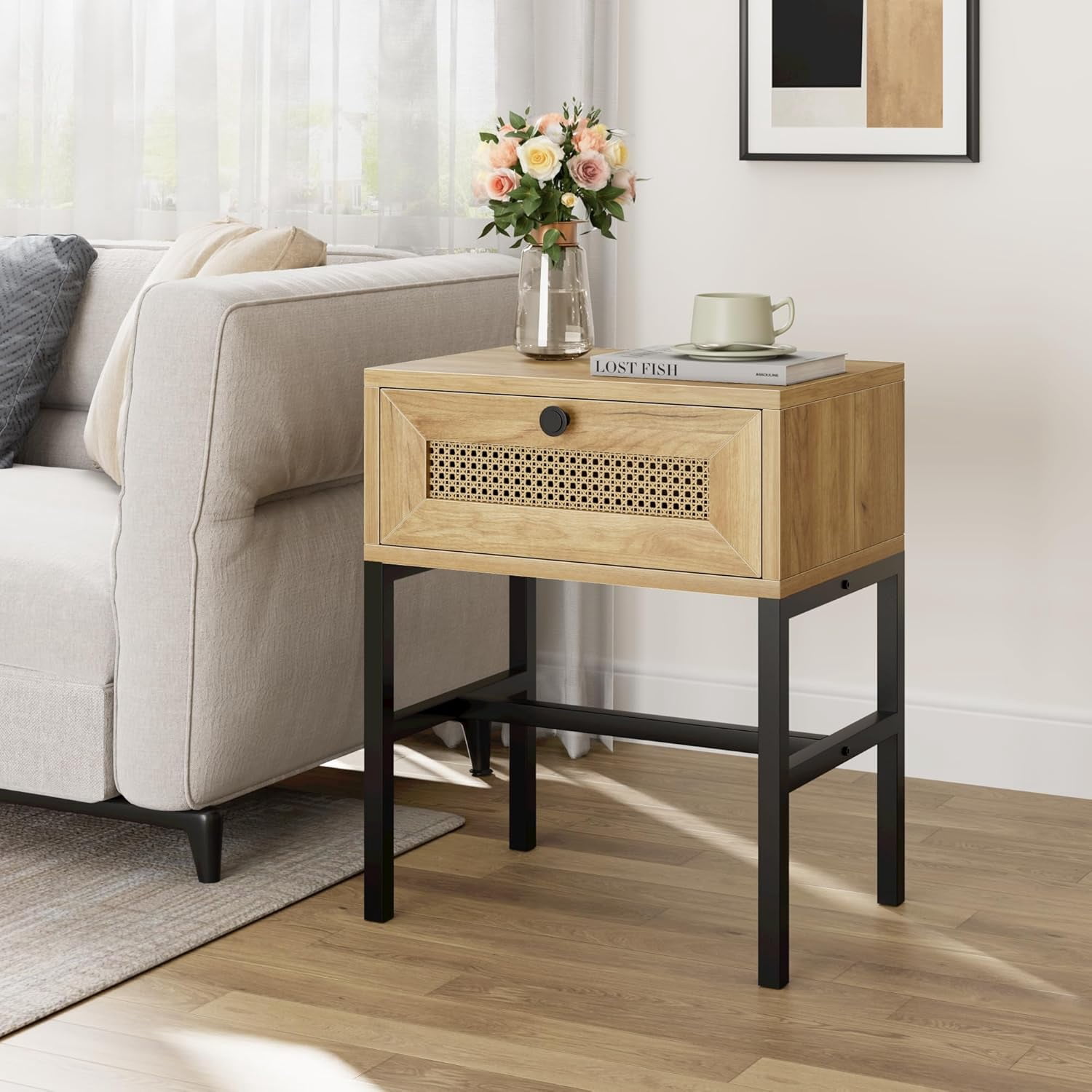 Nightstand with Rattan Drawer, Rattan End Table with Metal Frame, Bed Side Table with Open Storage, for Bedroom, Living Room, Dormitory - Natural