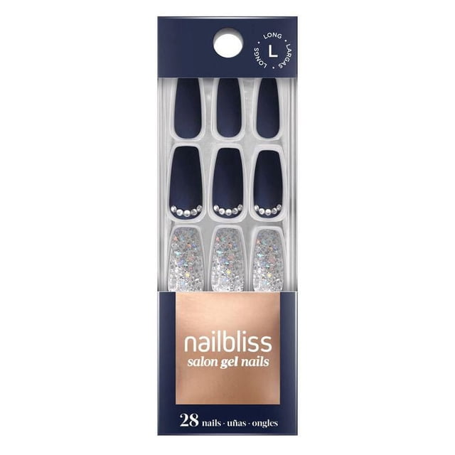 Nailbliss salon gel nails long size pack containing 28 false nails in navy blue with pearl accents and silver glitter tips, displayed in clear plastic packaging with navy and rose gold branding, suitable for easy at-home nail application.