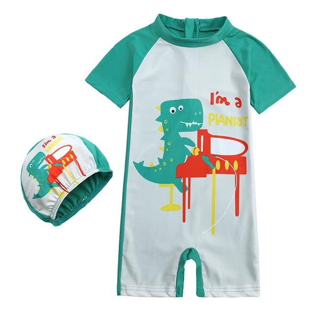 MIASHUI Boys Swimsuits One Piece Rash Guard Swimwear Zipper Bathing Suit with Hat Swimsuit Set,Green,7-8 Years