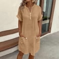 thumbnail image 2 of Robes Kaki pour Femmes à Col en V pour Femmes Manches Courtes Midi Longueur Genou Unies Automne Été à Boutons 2025 Vêtements Mode TG, 2 of 6