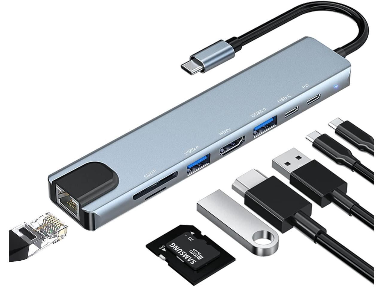USB C Hub, 8-in-1 USB C Port hub to Rj45 Ethernet Port USB3.0 & 2.0 Port 1PD 100W Charging USB 1USB/C Port 1 HDMI Port 1Tf & 1SD Port