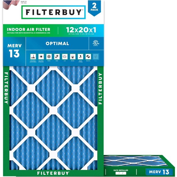 Filterbuy 12x20x1 MERV 13 (MPR 1900) Health Defense, Pleated HVAC AC Furnace Air Filters (2-Pack)