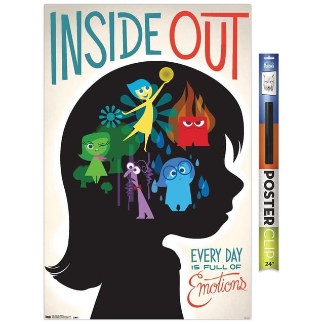 Disney Pixar Inside Out - Emotions Wall Poster, 14.725" x 22.375", featuring a black silhouette of a child's head filled with colorful characters representing emotions: Joy in yellow, Anger in red with flames, Disgust in green, Fear in purple, and Sadness in blue with teardrops, with 'Inside Out' text at the top and 'Every day is full of emotions' at the bottom right, suitable wall art for bedrooms, offices, or dorm rooms.