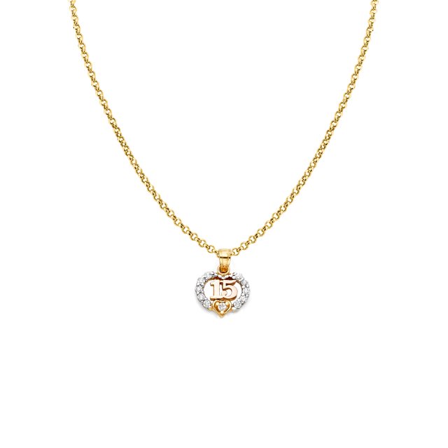 14k Two-tone Gold Cubic Zirconia '15' Heart-shaped Quincinera Pendant with 1.2mm Rolo Chain