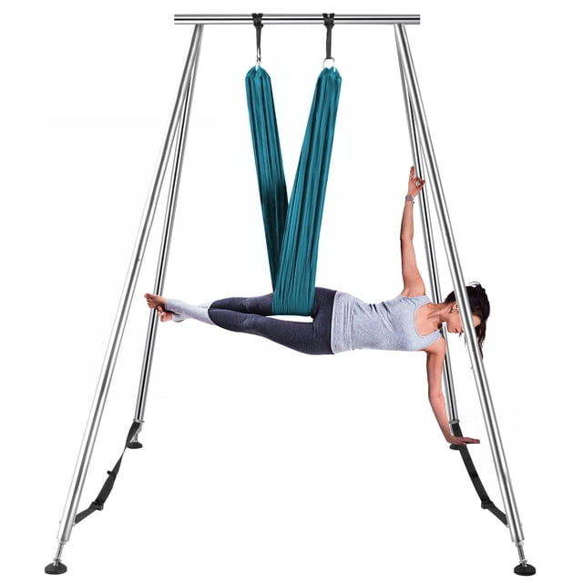 VEVOR Yoga Sling Inversion with a 68lbs steel frame and 551lbs/250kg load capacity. The setup includes a 19.6ft/6m dark green yoga swing inversion sling, safety belts, and a triangular base for stability. The frame is made of durable steel with anti-slip foot pads and a threaded rotary connection for easy assembly. Suitable for aerial yoga, dance, and fitness exercises indoors or outdoors.