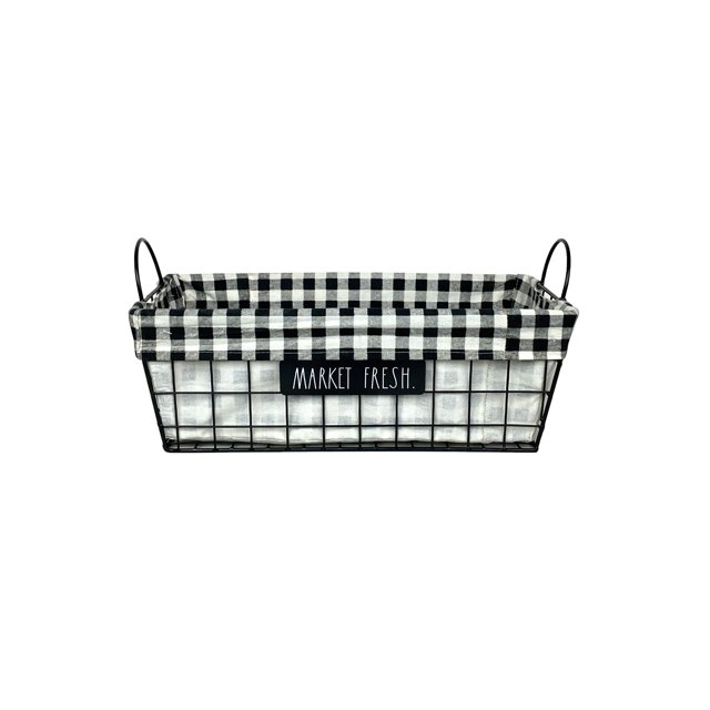 Rae Dunn ‘Market Fresh’ Metal Lined Basket - Rustic, Farmhouse, Vintage Style with Wire and Fabric - Storage Organizer for Kitchen, Pantry, Laundry Room, Closet, Nursery, Office - Cute Home Décor