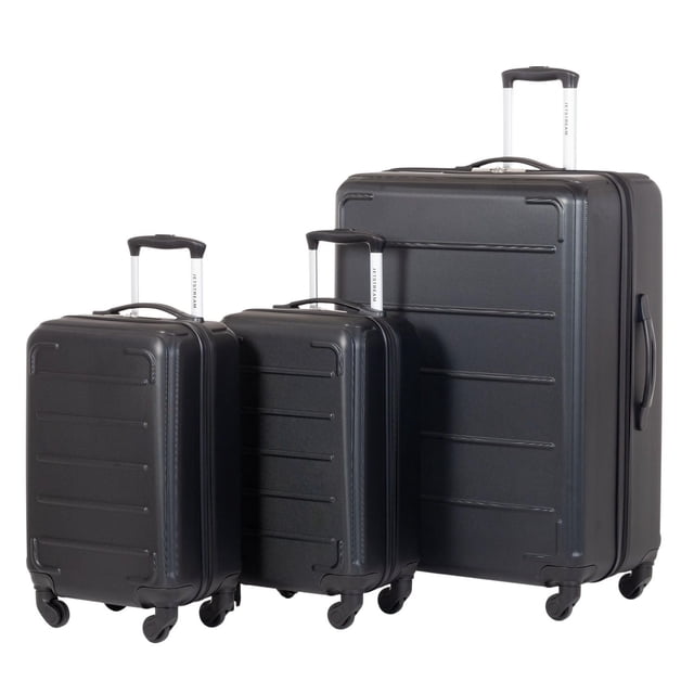 JetStream® 3 Piece Hardside Luggage Set with three black ABS suitcases featuring horizontal ridges, telescopic handles branded JetStream, and 360° spinner wheels; includes one 28-inch large spinner and two carry-on sizes, ideal for durable and organized travel.