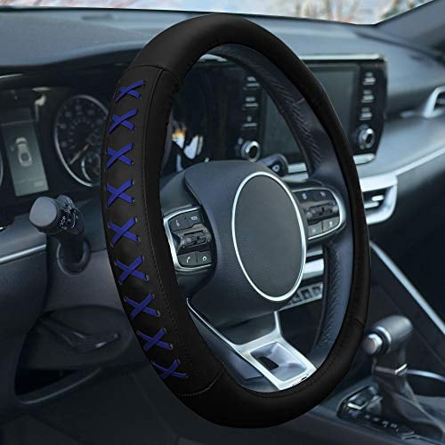 FH Group Genuine Leather Lace-Up Steering Wheel Cover - Blue