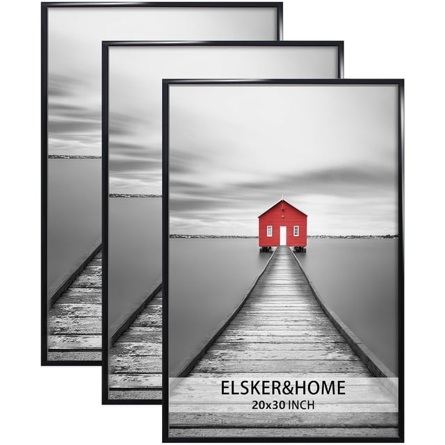 ELSKER&HOME 20x30 Frame 3 Pack, black poster frames with a modern design for horizontal or vertical wall mounting. Each frame is scratch-resistant, lightweight, and features durable MDF backboards with easy assembly. Ideal for displaying posters, photos, or prints in home, office, or gallery settings. Packaged securely for safe delivery.