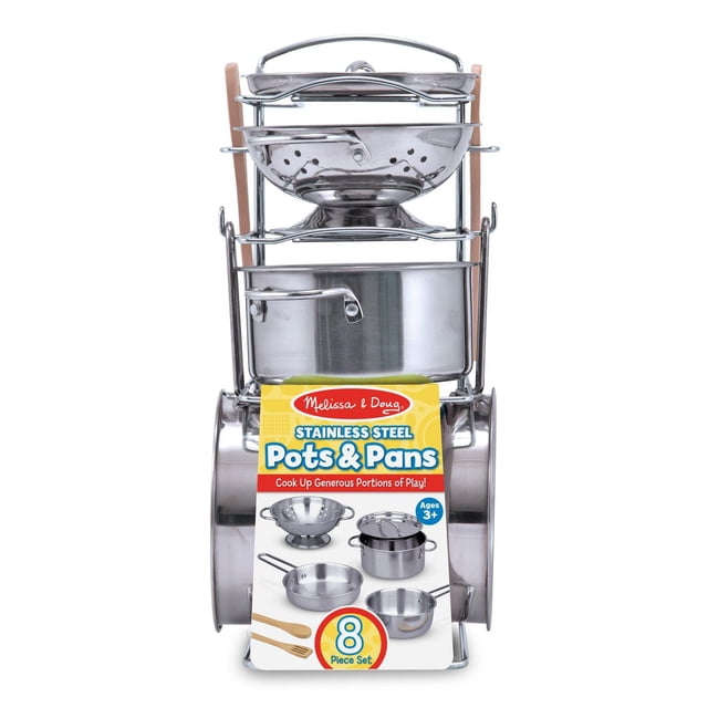 Melissa & Doug Stainless Steel Pots and Pans Pretend Play Kitchen Set for Kids, 8-piece set featuring hand-polished stainless steel cookware including a colander, pot with lid, two pans, and two wooden utensils, all stored on a metal rack for realistic, screen-free kitchen play for ages 3 and up.