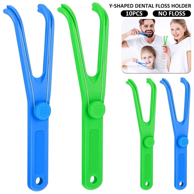 MesaSe 10 Pcs Support de Soie Dentaire Réutilisable, avec Porte-Suceurs Dentaires en Forme de Y en Bleu et Vert. Fabriqué en Matériau Plastique Sécuritaire, Ces Poignées de Soie Dentaire Durables et Réutilisables Sont Conçues pour Adultes et Enfants. le long Manche avec Rainures Assure une Prise Sécurisée, Alors Que la Taille Compacte de 12 x 3 cm les Rend Portatifs et Pratiques pour les Soins Buccodentaires. Convient aux Dents du Dos, aux Dents Serrées, aux Petits Espaces et aux Gencives Sensibles.