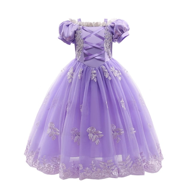 HAWEE Robe de Princesse Violette pour Fille Raiponce Cosplay Halloween Costume Manches Bouffantes Robes à Étages