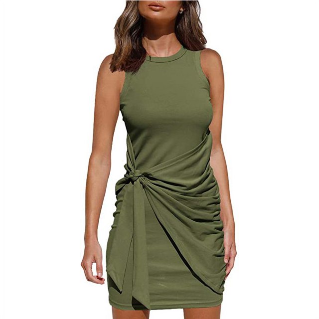 Robe d'Été Sans Manches pour Femmes avec Ceinture Irrégulière Col Rond Aguichant Mini Robe Moulante