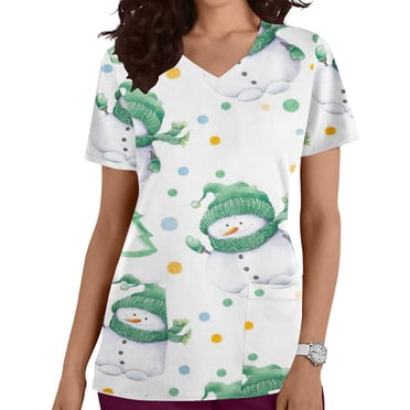 EGNMCR Scrubs for Women Christmas Scrub Top Women's Fashion Short Sleeve V-Neck Tops Working Uniform Printing Pocket Blouse Tops Christmas Gifts for Women