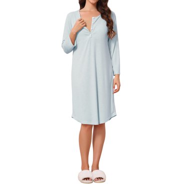 INSPIRE CHIC Women's Maternity Nursing Nightgown Long Sleeve Labor Gown with Built-in Pads Breastfeeding Sleepwear S Blue
