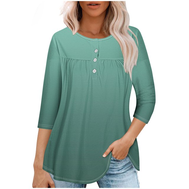 Pisexur Womens Plus Size Sweatshirt Gradients 3/4 Length Sleeve Tops Fall V-Neck Blouses Spring Ruffle Sleeve Tunic T-Shirts Dressy Casual
