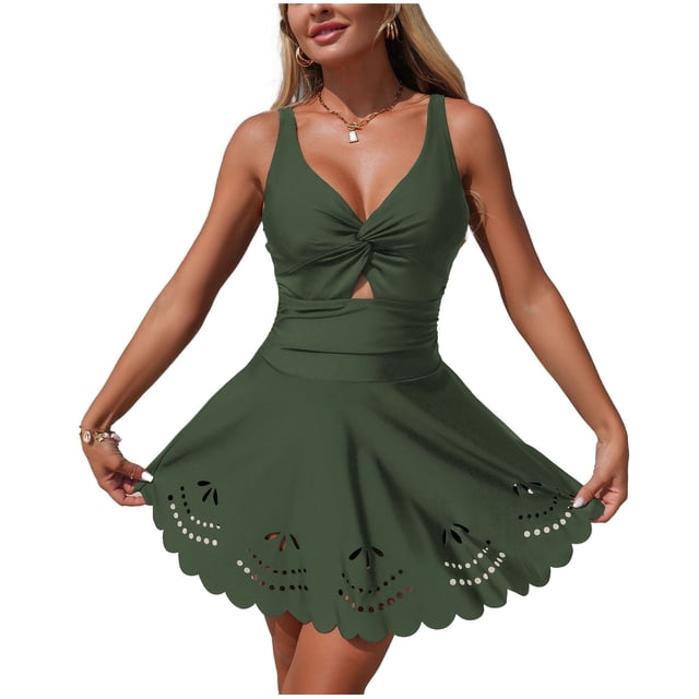 FRSASU Ladies' Solid Color Hollow Out Suspender Comfortable Swimsuit Bikini One Piece Swimsuit Army Green L(L)