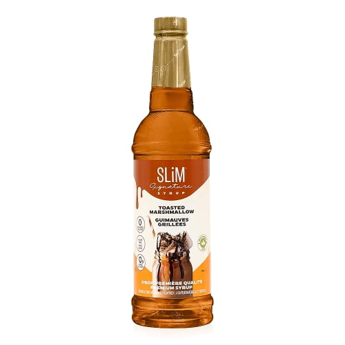 Slim Syrups Sirop Sans Sucre à la Guimauve Grillée dans une Bouteille de 750 ml. le Sirop Est Compatible Céto avec 0 Calorie, 0 Sucre et 0 Glucide, Offrant 25 Portions. la Bouteille Présente un design Clair avec un Sirop Brun Doré visible à l'Intérieur et une Étiquette Mettant en Valeur des Guimauves Grillées.