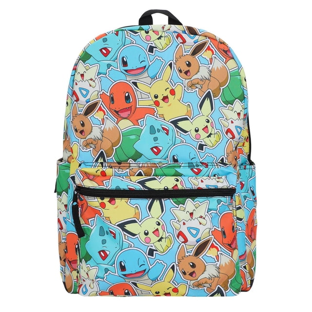 Pokémon Adventure Squad 17" Backpack with colorful all-over print featuring Pikachu, Charmander, Squirtle, Eevee, Bulbasaur, Togepi, and Pichu. It has a spacious main compartment, front zipper pocket, side pockets, and adjustable shoulder straps, ideal for school, travel, or everyday use.