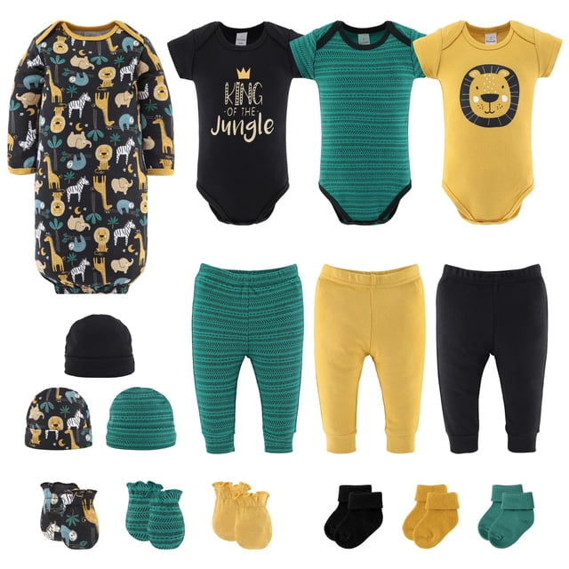 The Peanutshell Newborn Boy Clothes & Essentials, 16 Piece Baby Layette Gift Set, 0-3 Month Outfits featuring jungle animal-themed designs. Includes 3 short-sleeved bodysuits, 3 hats, 3 pairs of pants, 3 pairs of scratch mittens, 3 pairs of socks, and a sleep gown in yellow gold, dark green, and black colors with lion, zebra, sloth, giraffe, and elephant prints. Made with 100% cotton for comfort and ideal as a baby shower gift.
