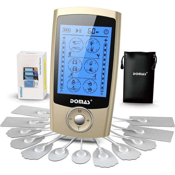 DOMAS TENS Unit Muscle Stimulator, Dual Channel TENS EMS Unit for Pain Relief, Rechargeable 24 Modes TENS Machine Massager with 12 Pads, ABS Pads Holder, USB Cable and Dust-Proof Storage Bag