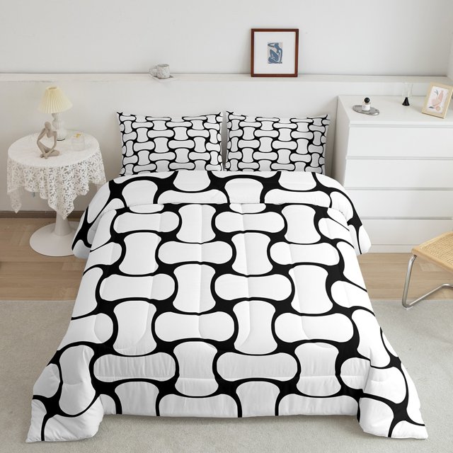 Erosebridal Modern Abstract Patchwork Bedding Queen Comforter Set, Abstract White Black Down Comforter Lightweight 3 Pieces