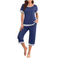 thumbnail image 1 of Mikilon Pyjama Décontracté pour Femmes Ensemble de Pyjama Décontracté Ample Couleur Unie Col Rond Manches Courtes 7 Pantalons Ensemble de Maison Pantalon de Pyjama Funky Confortable Manches Courtes Col Rond Ensemble Haut/chemise Bleu P, 1 of 9