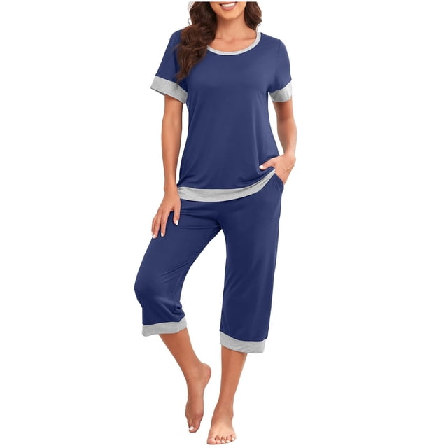 Mikilon Pyjama Décontracté pour Femmes Ensemble de Pyjama Décontracté Ample Couleur Unie Col Rond Manches Courtes 7 Pantalons Ensemble de Maison Pantalon de Pyjama Funky Confortable Manches Courtes Col Rond Ensemble Haut/chemise Bleu P