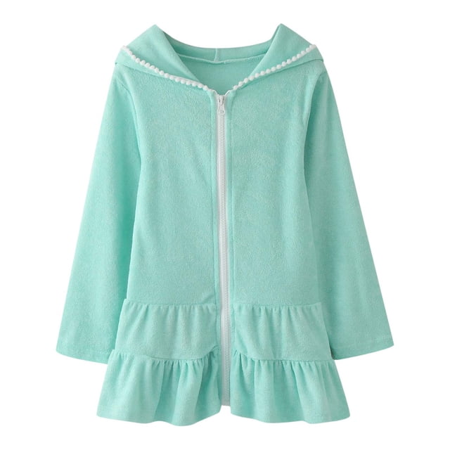 WEIYLL Robes Préadolescentes pour Filles, Couverture de Bain pour Enfants, Robe à Capuche Zippée, Manches Longues, Verte, 3-4 Ans
