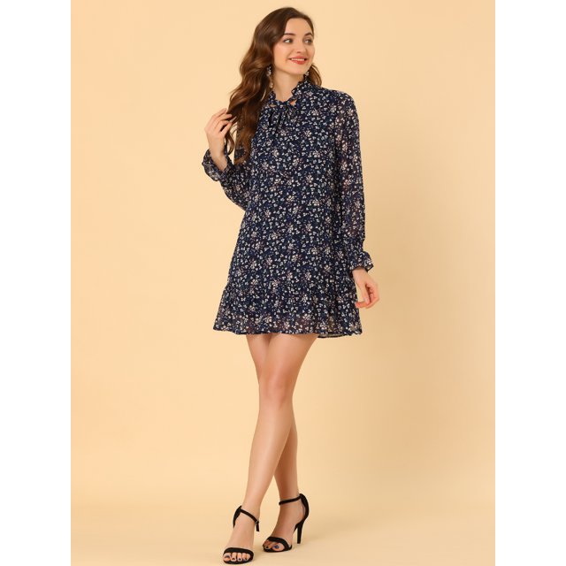 INSPIRE CHIC Women's Ruffle Tie Neck Casual Loose Shift Floral Dress