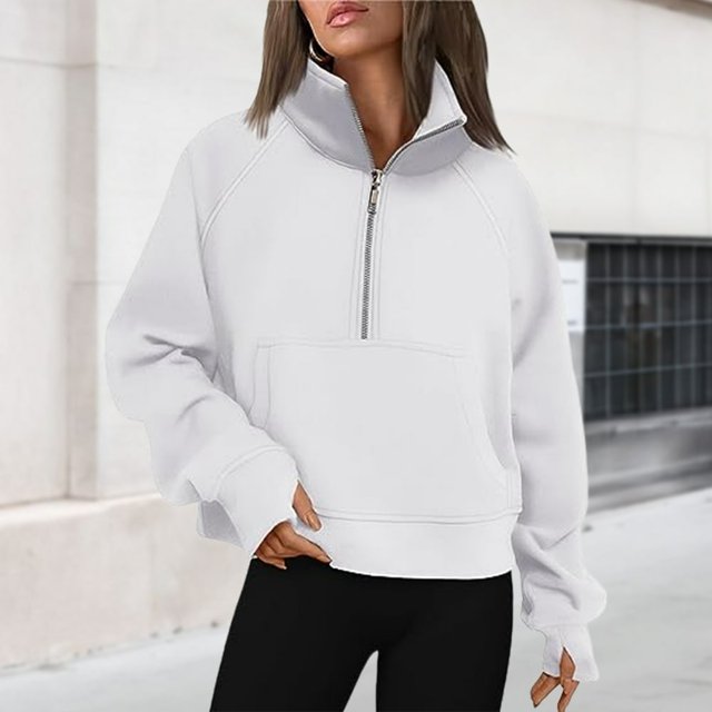 Stand Collar Fall Clothes Half Zip Women Solid Color Daily Outfit (Coffee XL)
