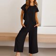 thumbnail image 3 of zanvin Ensembles 2 Pcs pour Femmes, Ensembles Assortis d'Été 2 Pcs pour Détente pour Femmes, Tenues Unies en Lin, Hauts à Col Rond à Manches Courtes et Pantalons Longs, Survêtements, 3 of 4