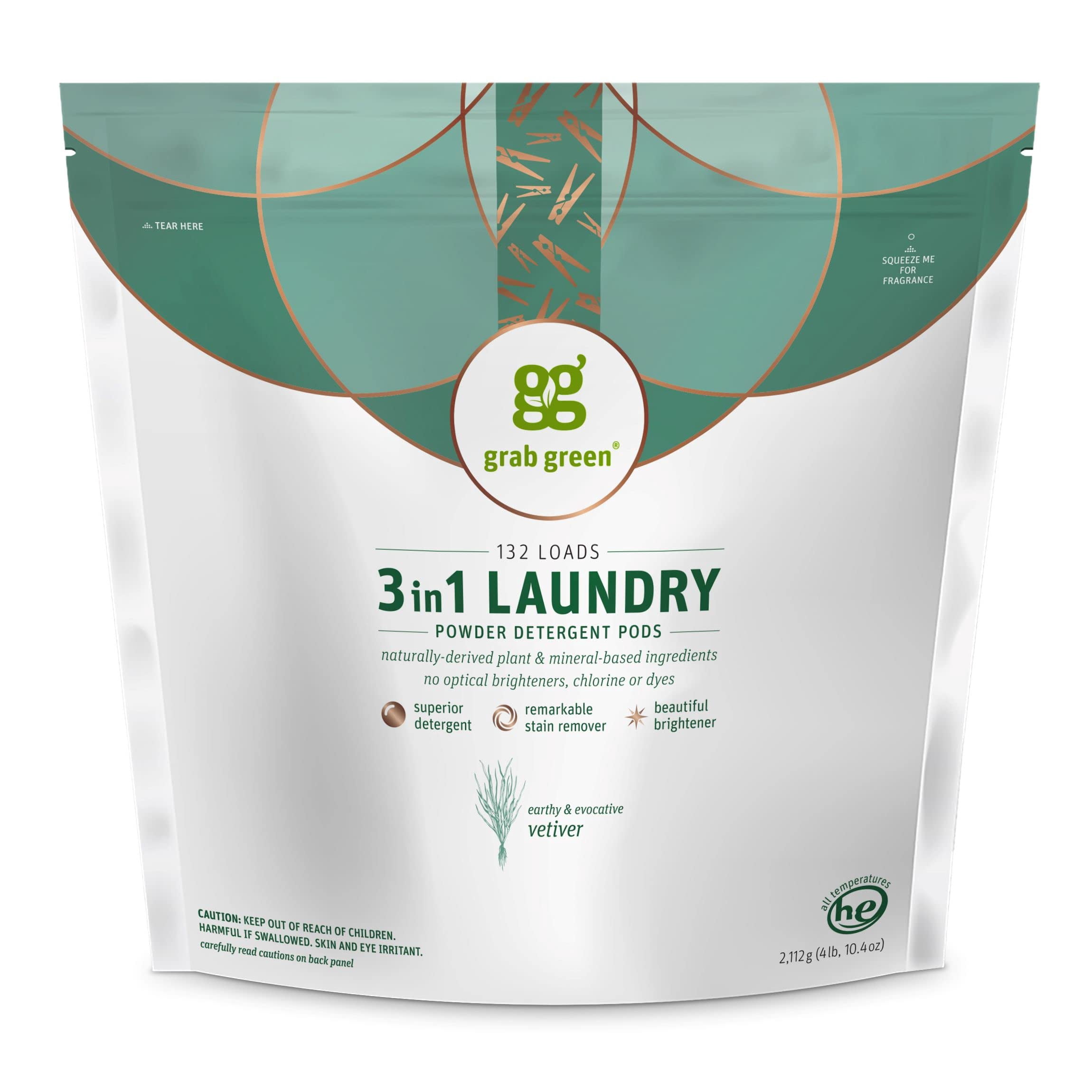 Grab Green 3-in-1 Laundry Detergent Pods, 132 Count, Vetiver Scent, Plant and Mineral Based, Superior Cleaning Power, Stain Remover, Brightens Clothes
