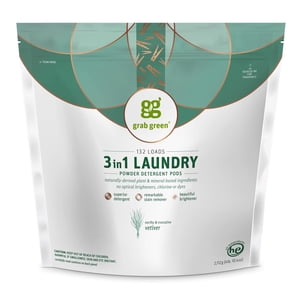 Grab Green 3-in-1 Laundry Detergent Pods, 132 Count, Vetiver Scent, Plant and Mineral Based, Superior Cleaning Power, Stain Remover, Brightens Clothes