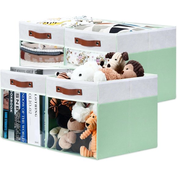 HNZIGE Bacs de Rangement 13x15x13 Cubes, Lot de 4 Organisateurs en Tissu Transparent avec Fenêtre, Grandes Étagères Pliables pour Placard, Jouets, Vêtements - Blanc Vert