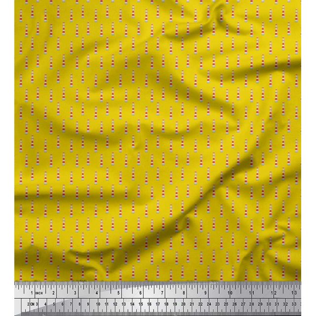 Soimoi Yellow polyester Crepe Fabric Lighthouse Nautical Fabric Prints By Yard 42 Inch Wide
